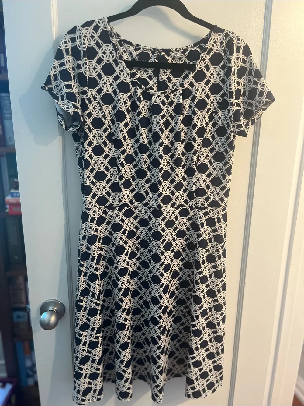 Talbots Navy and White Chain-Print Fit-and-Flare Dress